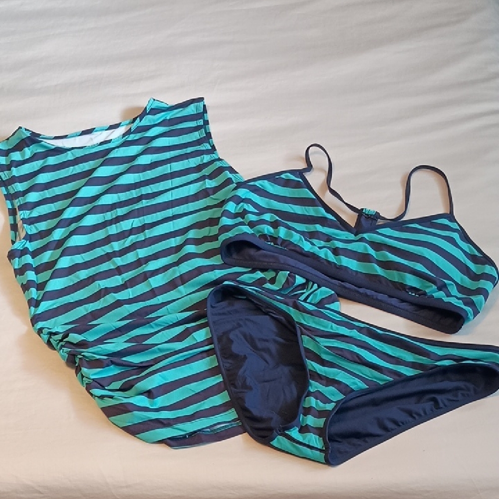 Carve Designs Striped Blue Green Swimwear 3 PC Set Lrg/XL